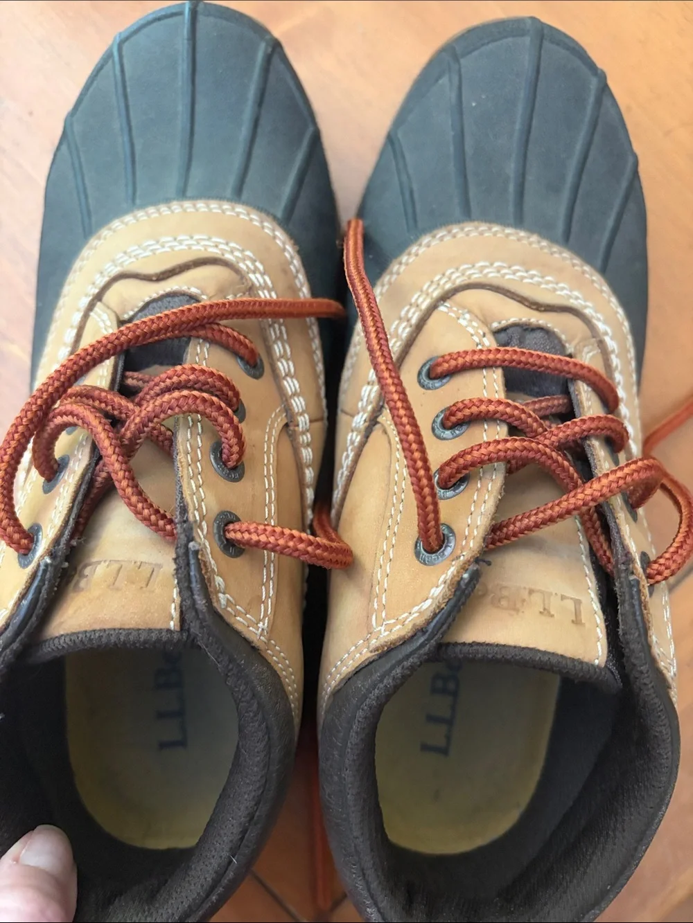 L.L. Bean Tan and Black Waterproof Duck Boots with Rust Laces